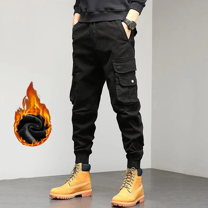 Men's Winter Snow Warm Thermal Plush Cargo Pants Comfortable Elastic Waist Casual Trousers Trend Versatile Concise Outside Pants.