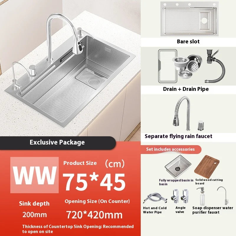 Stainless Steel Waterfall Kitchen Sink Multifunctional Scratch Resistant Wash Vegetables Basin Household Large Single Slot