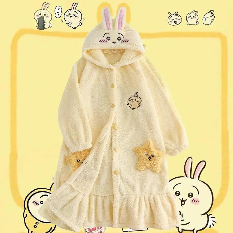 Kawaii Chiikawas Pajamas Coral Velvet Home Wear Long Length Nightgown Thick Cardigan Pant Cartoon Cute Girl Casual Home Clothing.