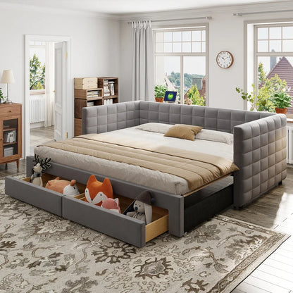 3-in-1 ausziehbares Schlafsofa 90 x 190 cm, Multifunktionsbett mit Schubladen, Einzel-/Doppelbett, Baumwolle und Leinen (Matratze nicht im Lieferumfang enthalten)