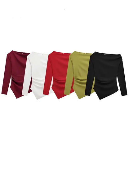 HH Spring Woman Fashion Pleated Decoration Casual Slim Elasticity Top Women Solid 5-Color Asymmetrical Slant Collar Tops.