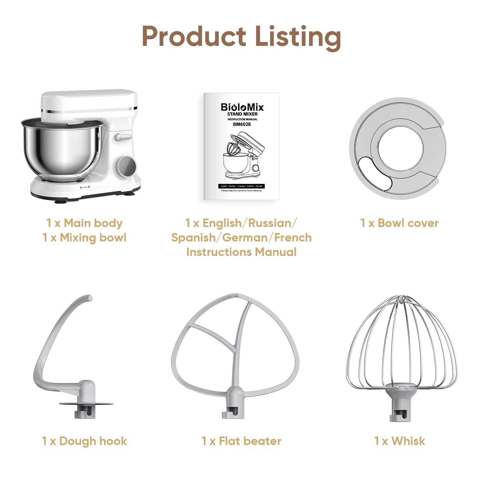 BioloMix Kitchen Food Stand Mixer, 1200W 11-Speeds DC Motor, Digital OLED Screen, Electric Food Mixer with Dough Hook, Whisk.