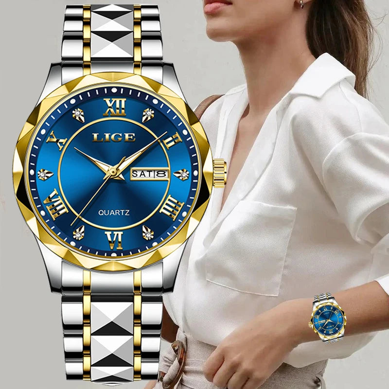 LIGE New Gold Watch Women Watches Ladies Creative Steel Women's Bracelet Watches Female Waterproof Clock Relogio Feminino+BOX.