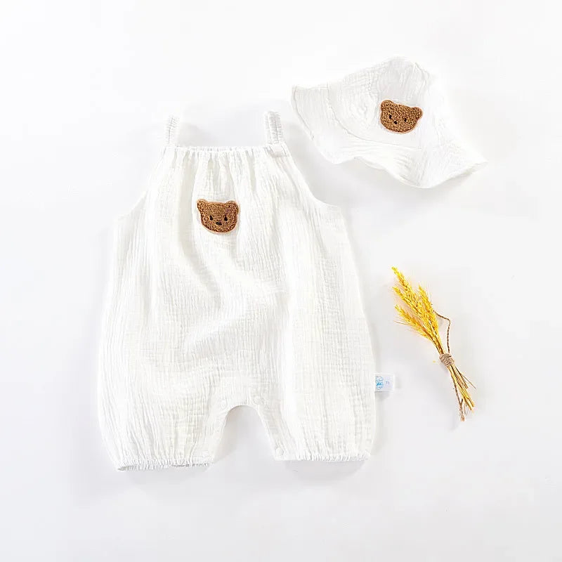 Neugeborene Baby Sommer dünne Bodysuit Mädchen ärmellose Hosenträger Stram pler Anzug Jungen niedlichen Stickerei Cartoon Pyjama Hut 2 Stück Set.