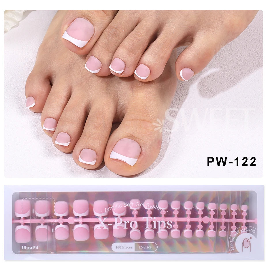 160pcs White Pink French Fake Press on Fake Nails Tips Short Square Full Cover Artificial Acrylic Fake Toenails For Nail Salons.