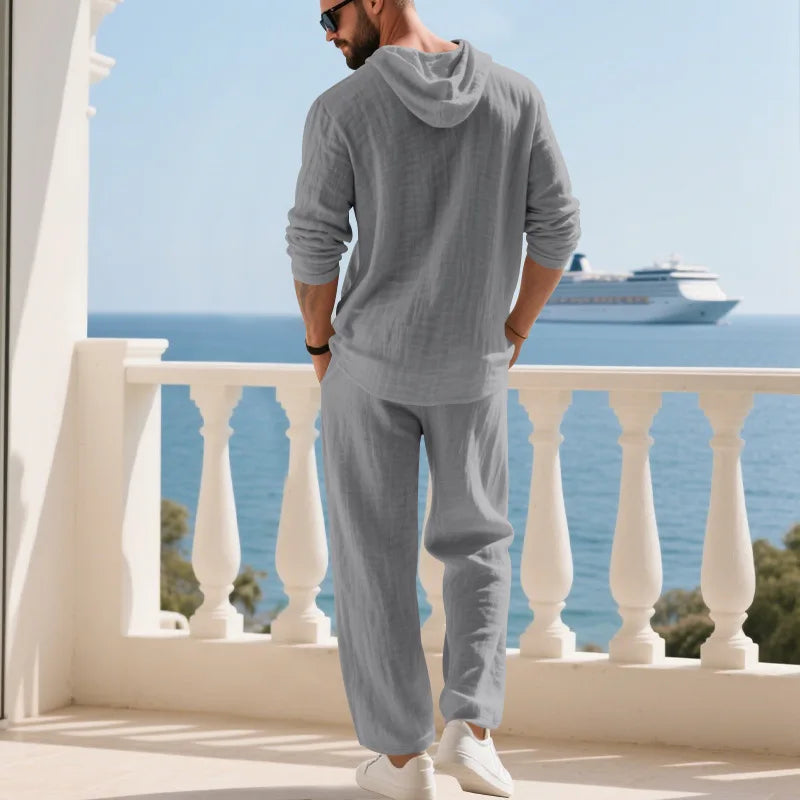 Cross-border Autumn Linen Men's Casual Suit Loose Hooded Henley Shirt Long Sleeve Pants Suit.