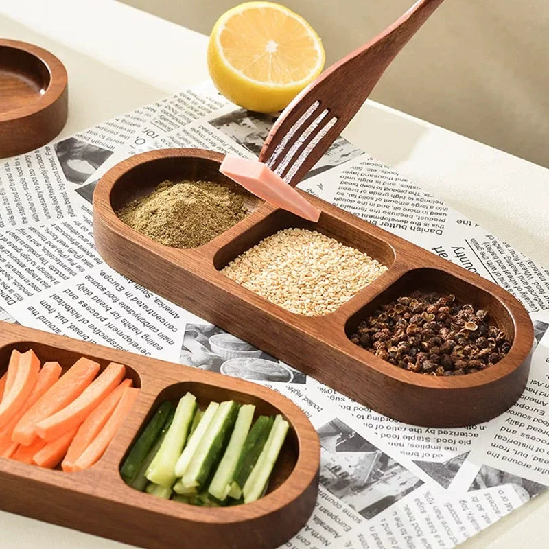 Seasoning Wood Snack Plate with Compartments 2/3/4 Grids Fruit Snacks Food Storage Trays Sauce Plate Kitchen Accessories 일본 주방용품.