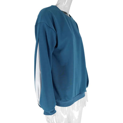 Autumn New No Hoodie Women Streetwear Fashion Long Sleeves Patchwork O-Neck Pullover Lady Versatile Knitted Casual Slim Clothing.