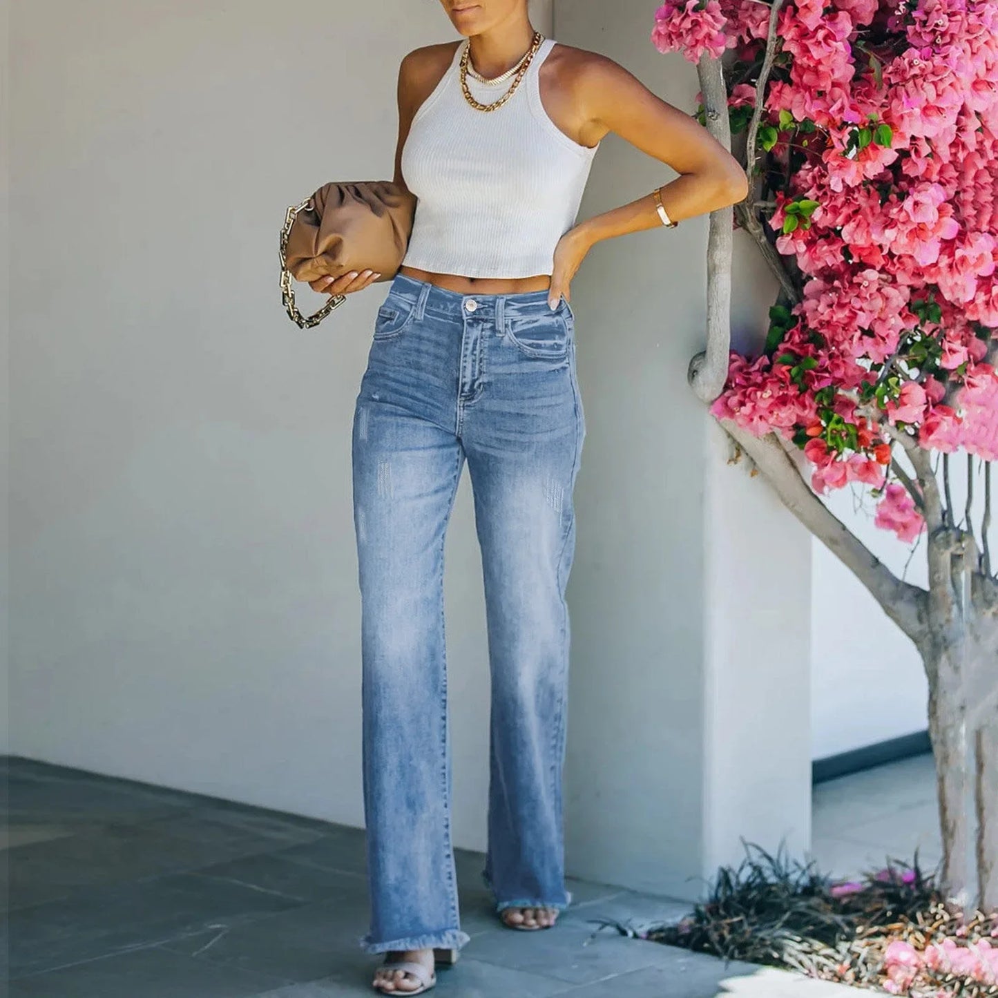 Women Jeans Straight Pants High Waist Washed Distressed Vintage Pockets Button Basics Trousers 2025 Female Streetwear Denims.