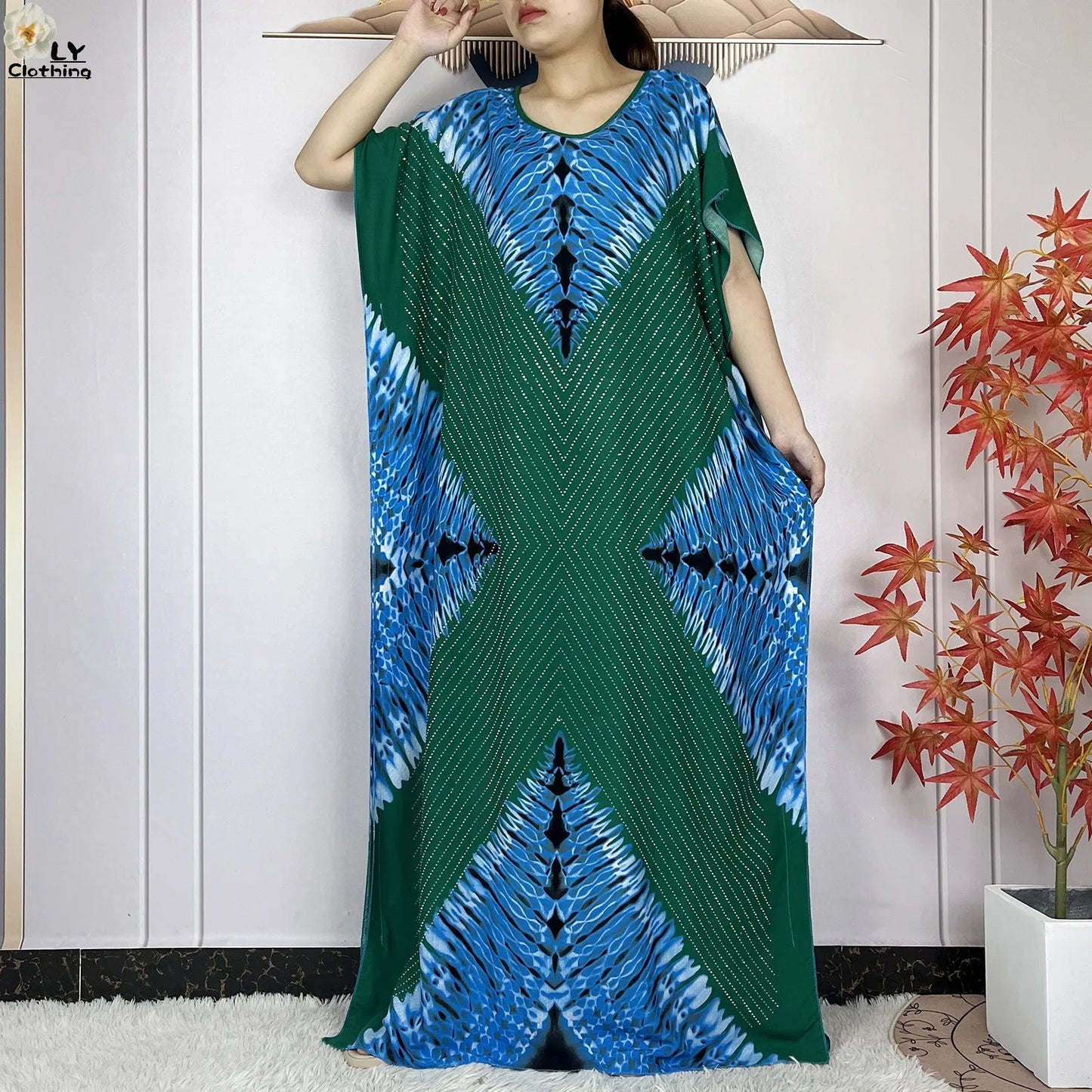2024 New Muslim Women Dashiki Printed Dress Flower Diamonds Loose Dress With Big Scarf Islamic African Women Short Sleeve Abaya