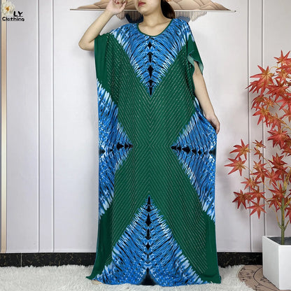 2024 New Muslim Women Dashiki Printed Dress Flower Diamonds Loose Dress With Big Scarf Islamic African Women Short Sleeve Abaya