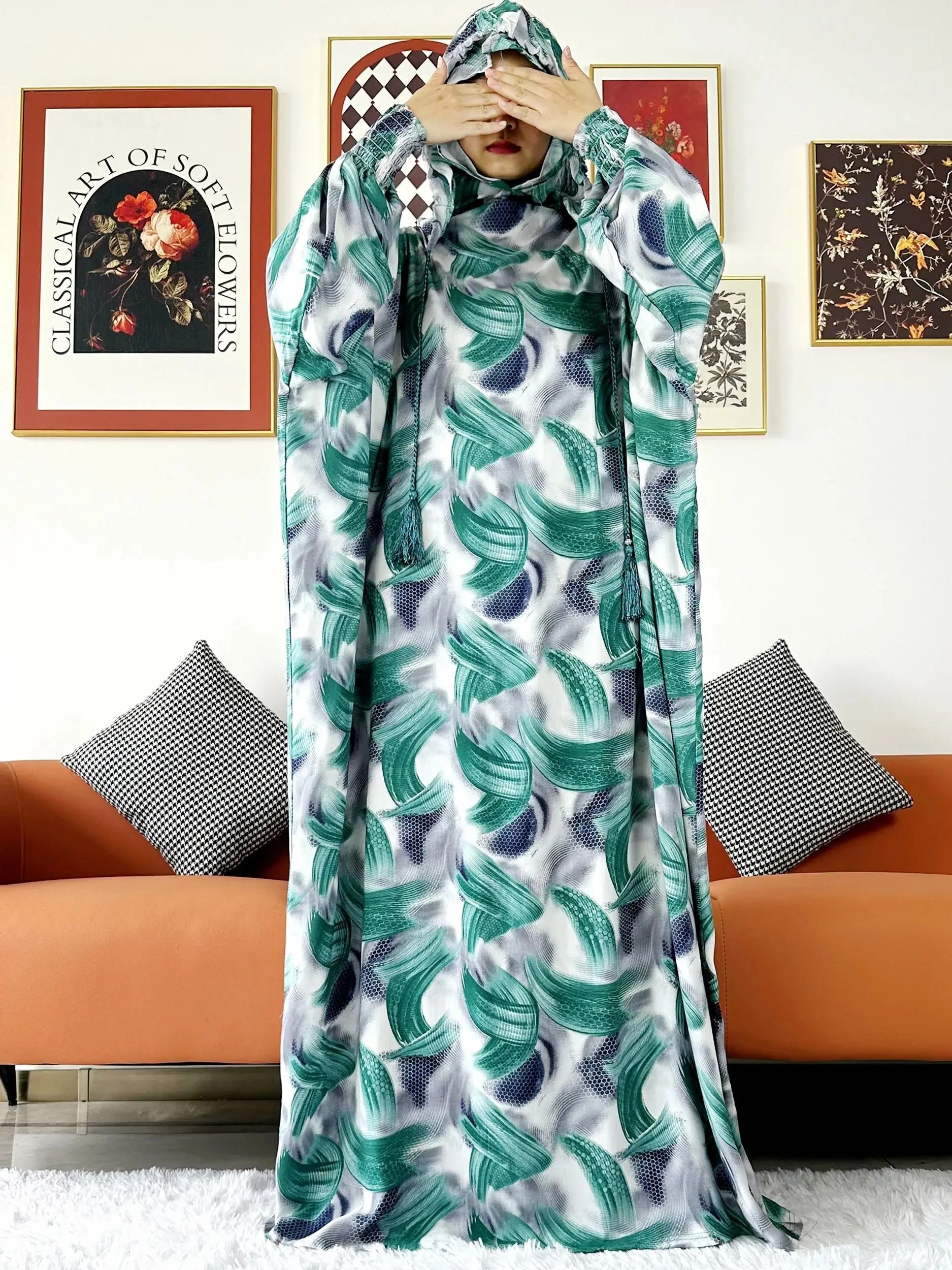 Promotion New Two Hat Women Abaya With Hooded Floral Casual Long Sleeve Abaya Tassel Muslim Saudi Prayer Kaftan Oriental Robes.