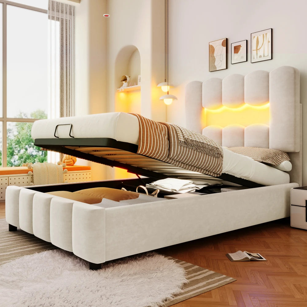 Modernes Polsterbett, 90 x 200 cm, ohne Matratze, LED-Beleuchtung, mit hydraulischem Gerät, verstellbarer Kopfteil, Samt, Grau