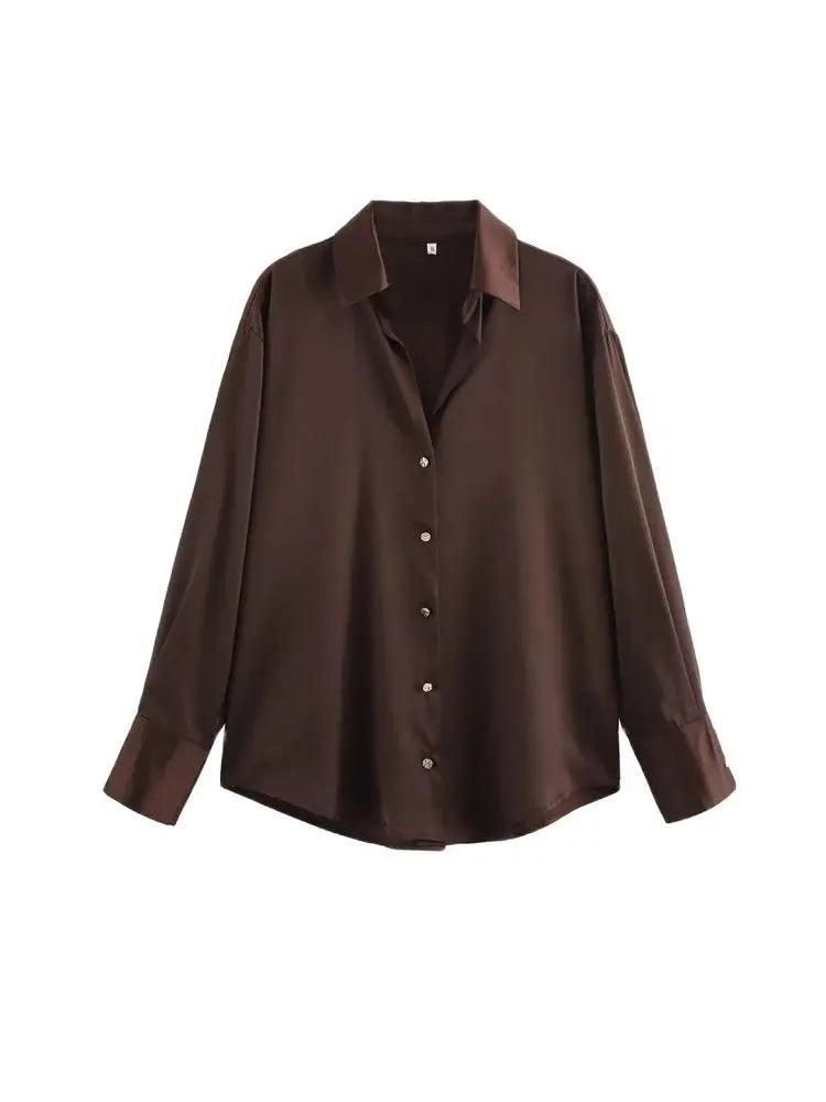 Women's Chic Lapel Collar Blouse Long Sleeve Button-Up Fashion Flowing Top Elegant Female Shirt Office.