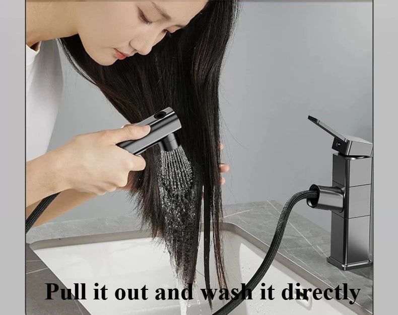 Pull Out Bathroom Faucet Hot and Cold Water Mixer Basin Sink Three Mode Water Outlet Faucet Washbasin Tap