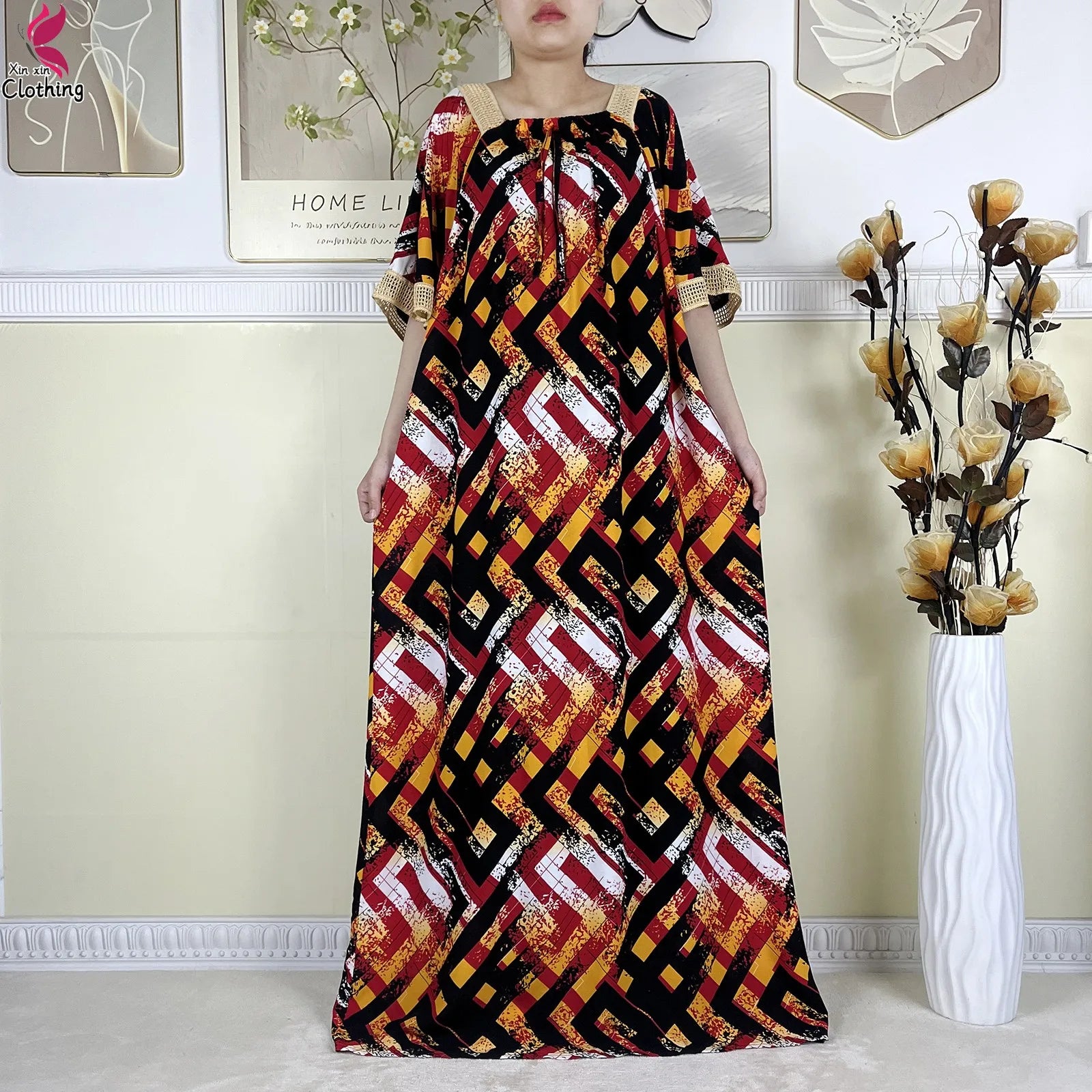 New Muslim Dubai Elegant Dress Summer Short Sleeve African Abaya Printing Cotton Loose Femme Robe Islamic Dresses With Scarf.
