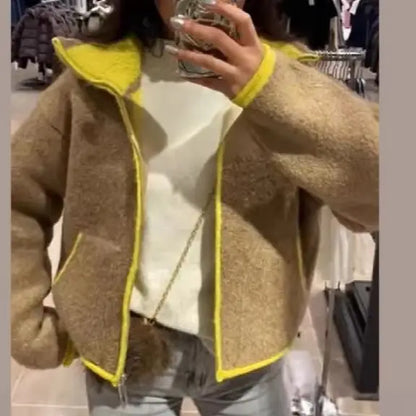 Modische kontrastierende Strickjacke für Damen, elegant, langärmelig, Taschen, Reißverschluss, Pullover, 2026, Frühling, Street Lady, schicke Oberbekleidung