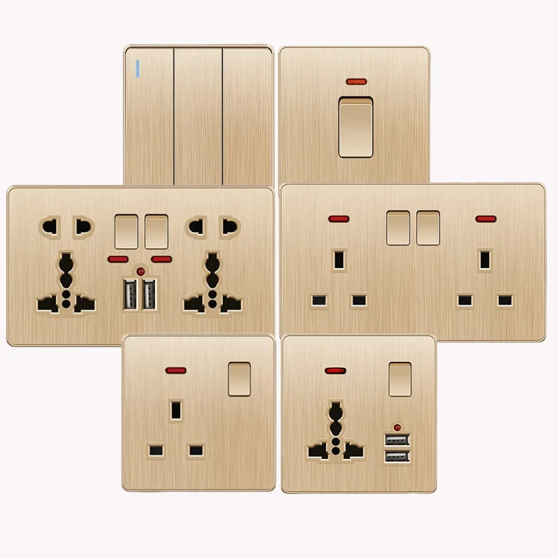 Gold 13A UK Stecker USB Steckdose, Haushalt elektrische licht schalter, universal 5 loch Dual Buchse mit USB Ladegerät, AC110-250V.