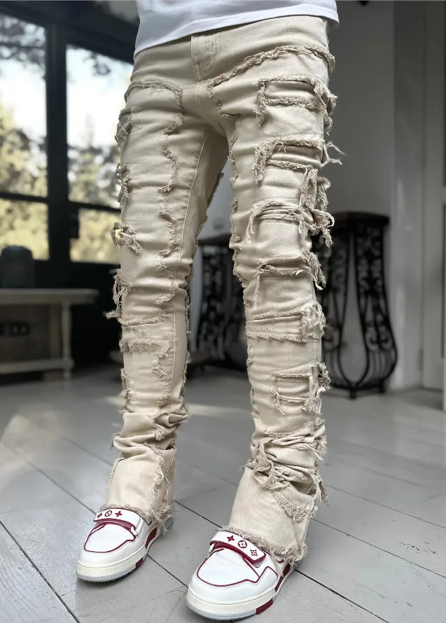 Men's Regular Fit Stacked Jeans Ripped Slim Fit Patch Distressed Destroyed Straight Denim Pants Hip Hop Streetwear Trouser Cloth.