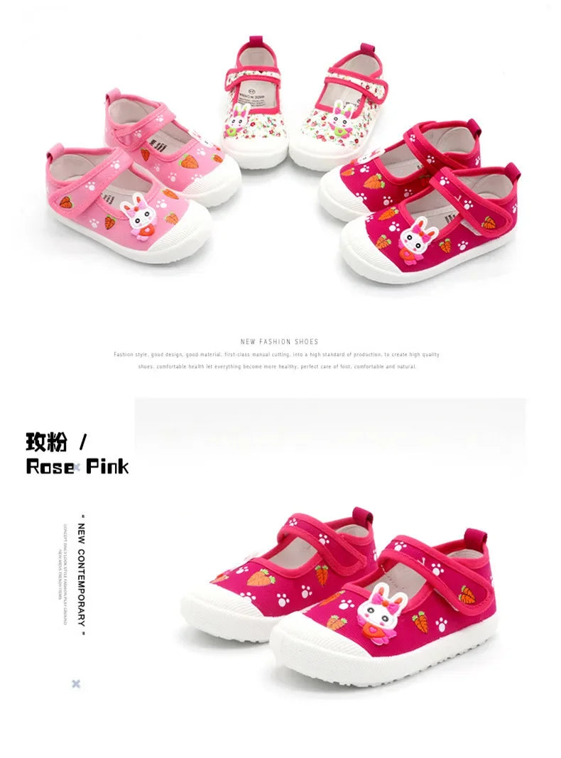 JGSHOWKITO Girls Canvas Shoes Soft Sports Shoes Kids Running Sneakers Candy  With Cartoon Rabbit Carrots Prints Children.