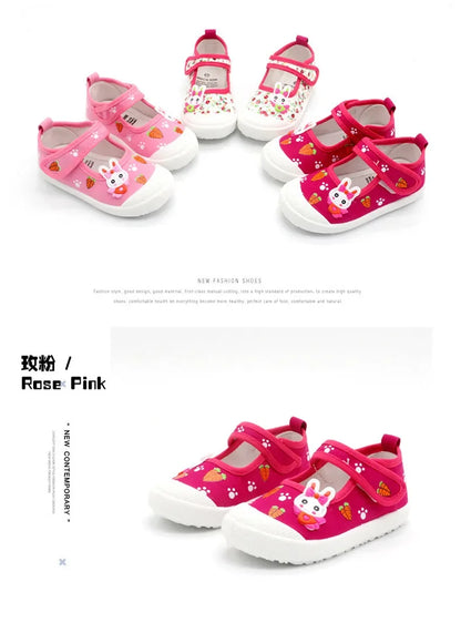 JGSHOWKITO Girls Canvas Shoes Soft Sports Shoes Kids Running Sneakers Candy  With Cartoon Rabbit Carrots Prints Children.