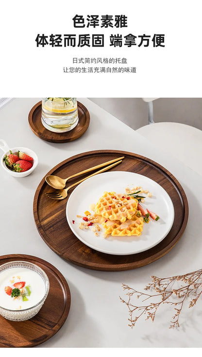 Solid Wood Circular Tray Japanese Style Western Household Tea Dessert Coffee Plate Cross-Border Design.