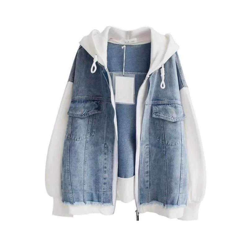 Fake Two-piece Denim Hoodies Coat Women Spring Autumn Trend Cardigan Hoodie Casual Loose Hooded Baseball Jacket Streetwear Woman.