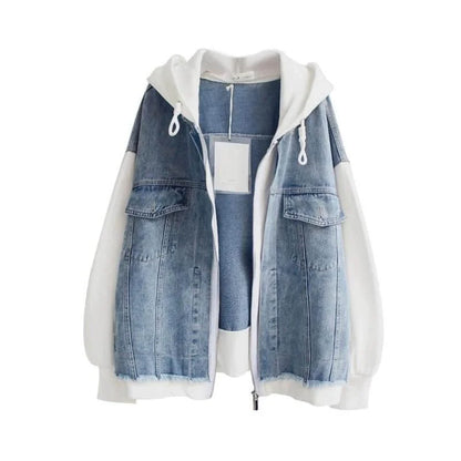 Fake Two-piece Denim Hoodies Coat Women Spring Autumn Trend Cardigan Hoodie Casual Loose Hooded Baseball Jacket Streetwear Woman.