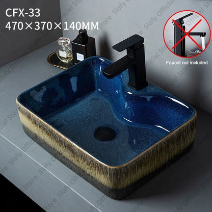 Vintage Elegant Countertop Washbasin Classic Blue Art Hotel Ceramic Basins Sink Multiple Styles Outdoor Balcony Bathroom Sinks