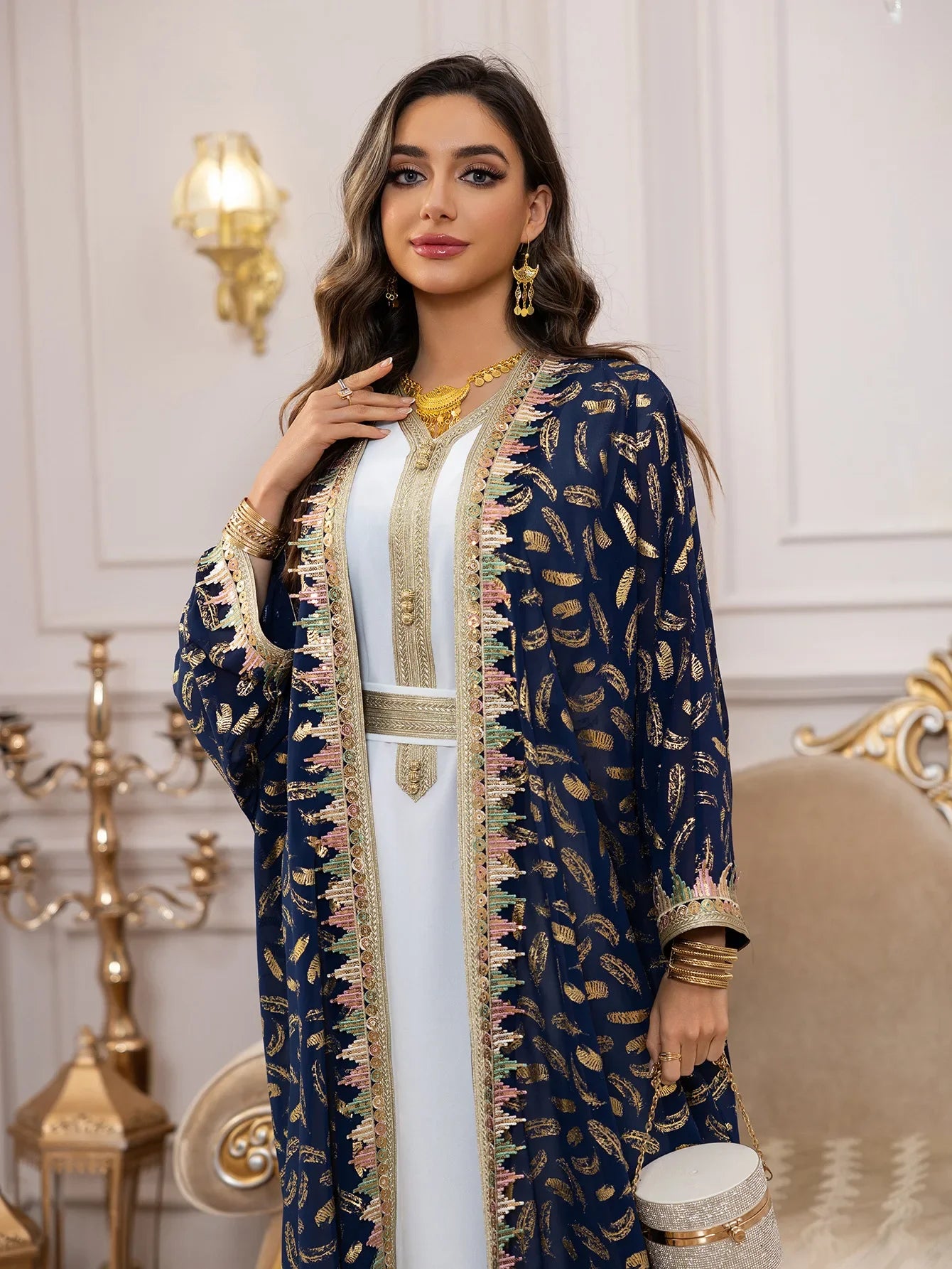 Muslim Abaya 3 Piece Set Women Party Dresses Cardigan Robe Sashes Suit Bronzing Jalabiya Ramadan Morocco Dubai Kaftan Vestidos.