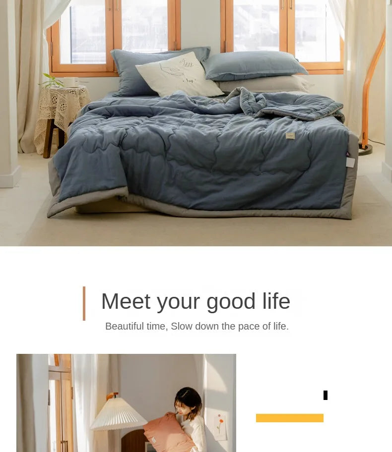 2025 new Japanese polyester cotton quilted summer quilt skin-friendly washable light luxury style solid color lightweight.