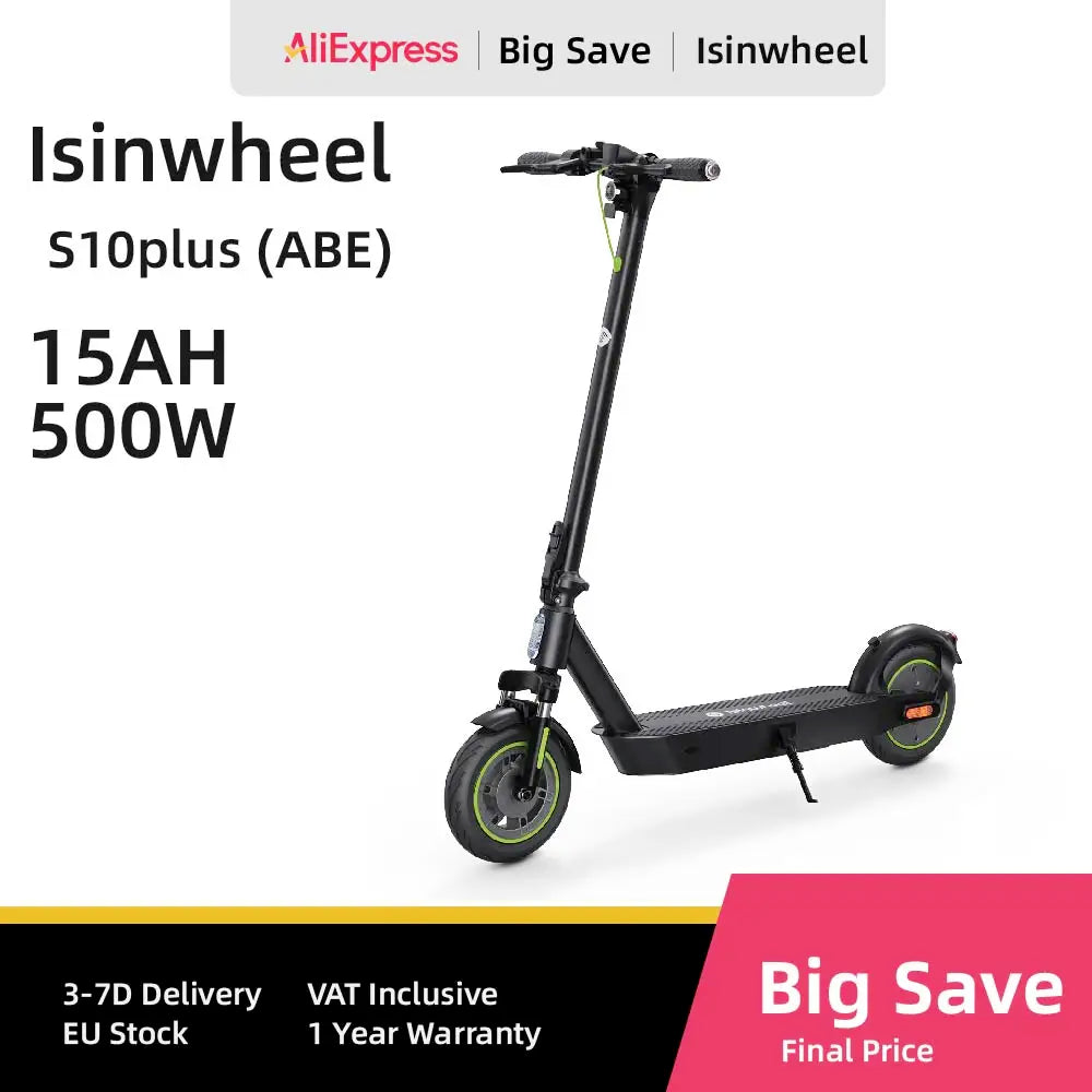 Isinwheel S10plus (ABE) Adult Electric Scooter 500W Motor 36V 15Ah Battery 10" Pneumatic Tires City Commuter Electric Scooter.