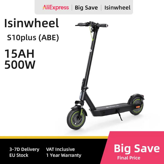 Isinwheel S10plus (ABE) Adult Electric Scooter 500W Motor 36V 15Ah Battery 10" Pneumatic Tires City Commuter Electric Scooter.