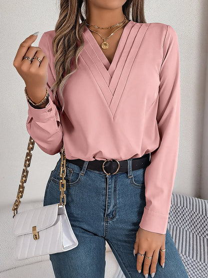 Summer And Autumn Women's Casual Shirt, Commuting Style Solid Color V-neck Long Sleeve Shirt Top