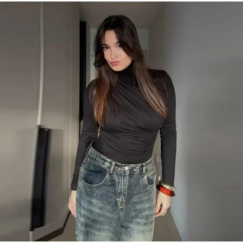 Women Tees Sexy Turtleneck Long Sleeve Pleated All-match Basic Lady T-shirts 2025 Spring Autumn Fashion Chic Female Streetwears