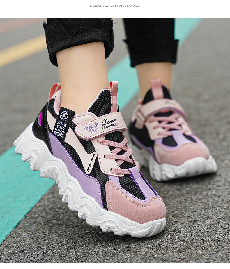 Fashion Children Shoes Girls Sneaker Black Pink PU Leather Platform Casual Sneaker School Tennis Sports Shoes for Girls.