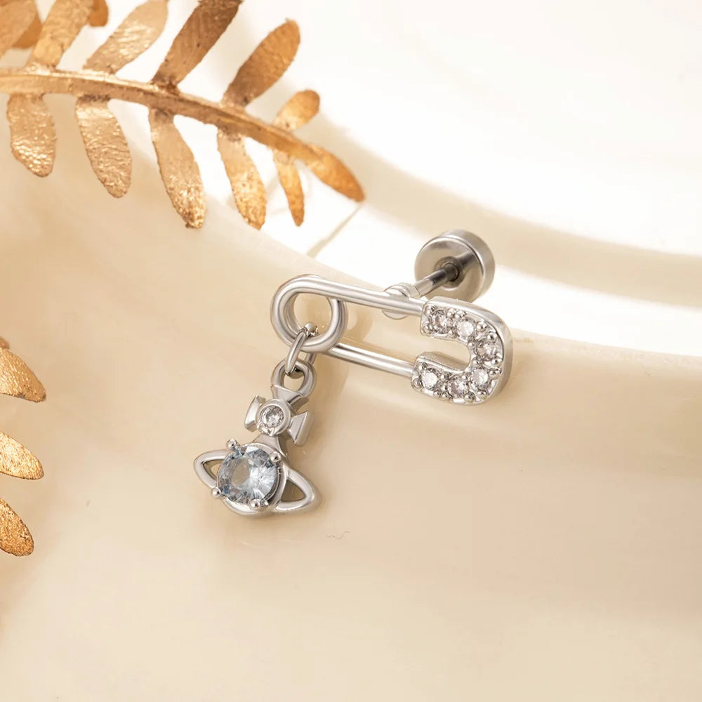 1 PCS Cute Pink Zircon Crystal Ear Bone Nail 316L Medical Titanium Steel Star Stud Earrings for Women Y2K Punk Piercing Jewelry.