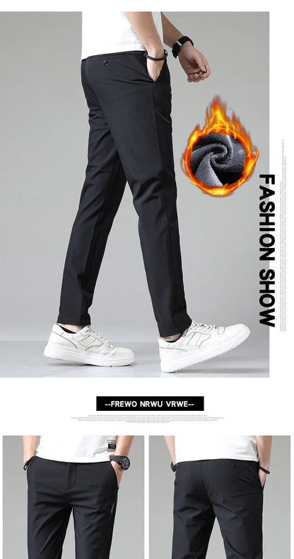 Korean Men's Warm Golf Pants Slim Straight Winter Thick Fleece Casual Pants Business Fashion Stretch Thermal Trousers Male.