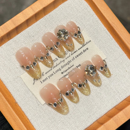 10Pcs Handmade Glitter False Nails with Cat Eye Designs Pink Press on Nails Wearable Butterfly Fake Nails Full Cover Nail Tips.