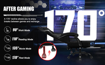 Daccormax Ergonomischer Gaming-Stuhl mit verstellbarer Lordosenstütze und Kopfstütze, Design mit hoher Rückenlehne + faltbarer Fußstütze für PC-Gamer