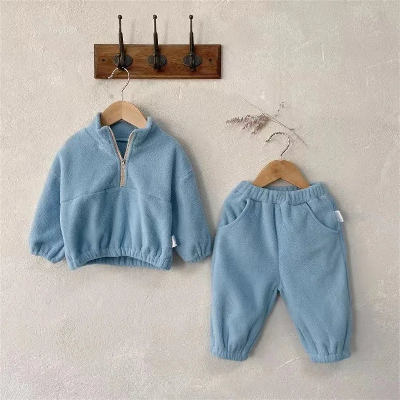 Kids Fleece Warm Set Winter Plus Velvet Outfits Long Sleeved Pullover Tops+Pants 2Pcs Autumn Children's Casual Clothing Suits.