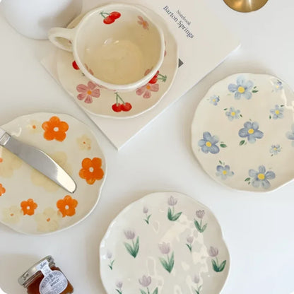 Flower Pattern Ceramic Cup Korean Style Saucer Set Hand Pinched Irregular Coffee Milk Cup Afternoon Tea Tableware Gifts for Home.