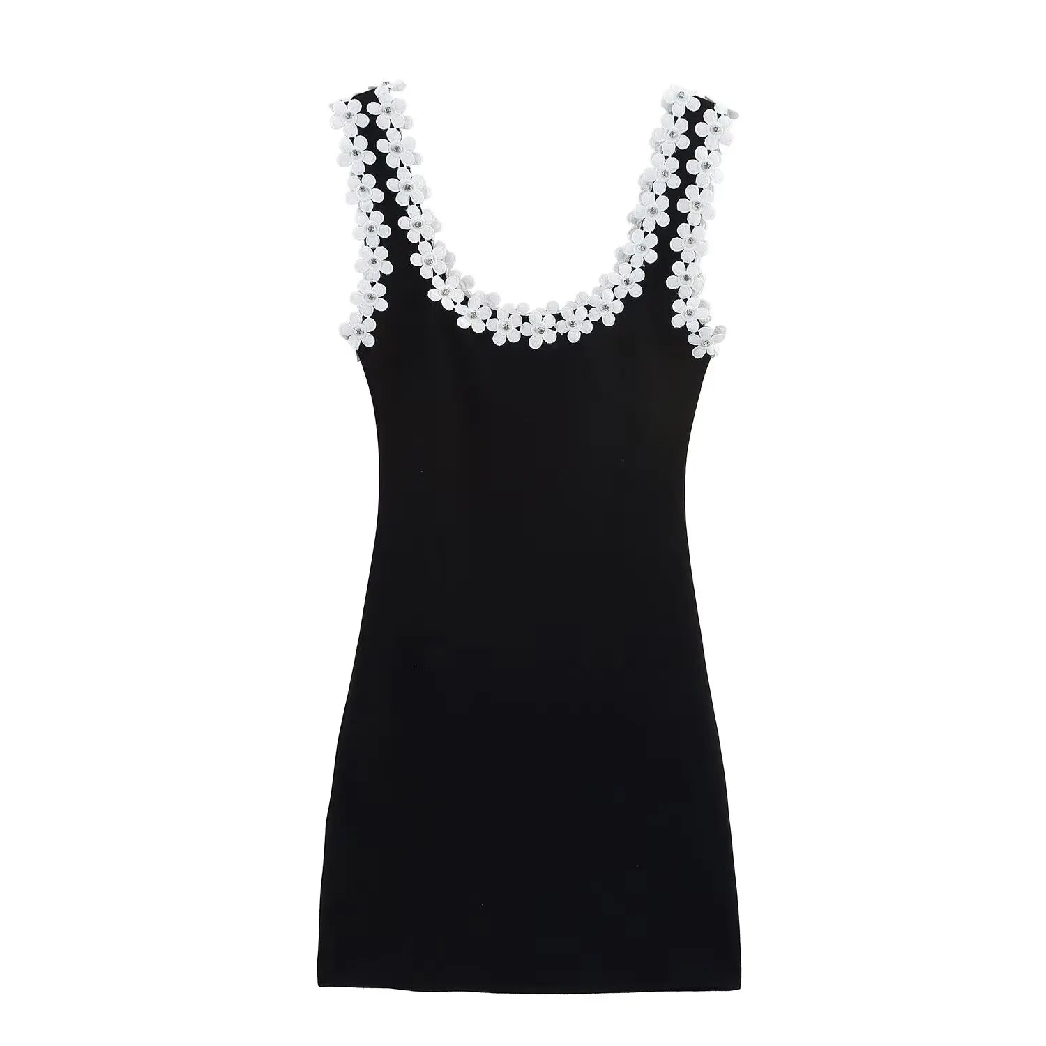 TRAFZA Weibliches Sommer-Sexy-dünnes Kleid, 2-farbig, fester quadratischer Kragen, ärmellos, rückenfrei, Blumendekoration, Damenmode-Kleider.