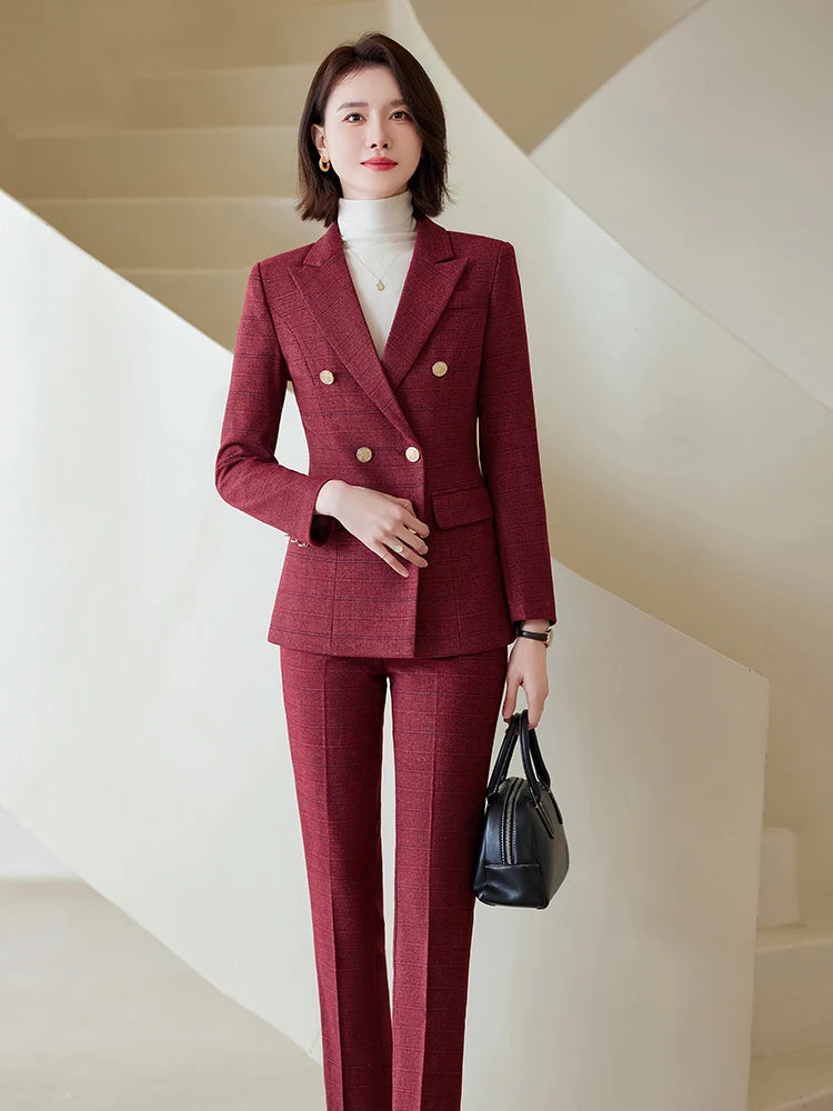 Autumn Winter Red Coffee Blue Black Ladies Pant Suit Women Female Business Work Wear Plaid Jacket and Trouser Blazer 2 Piece Set.