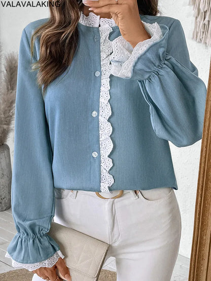 2025 Autumn Female Solid Ruffle Shirt Women Casual Lantern Long Sleeve Top Spring Office Lady Single Breasted Tops Clothes.