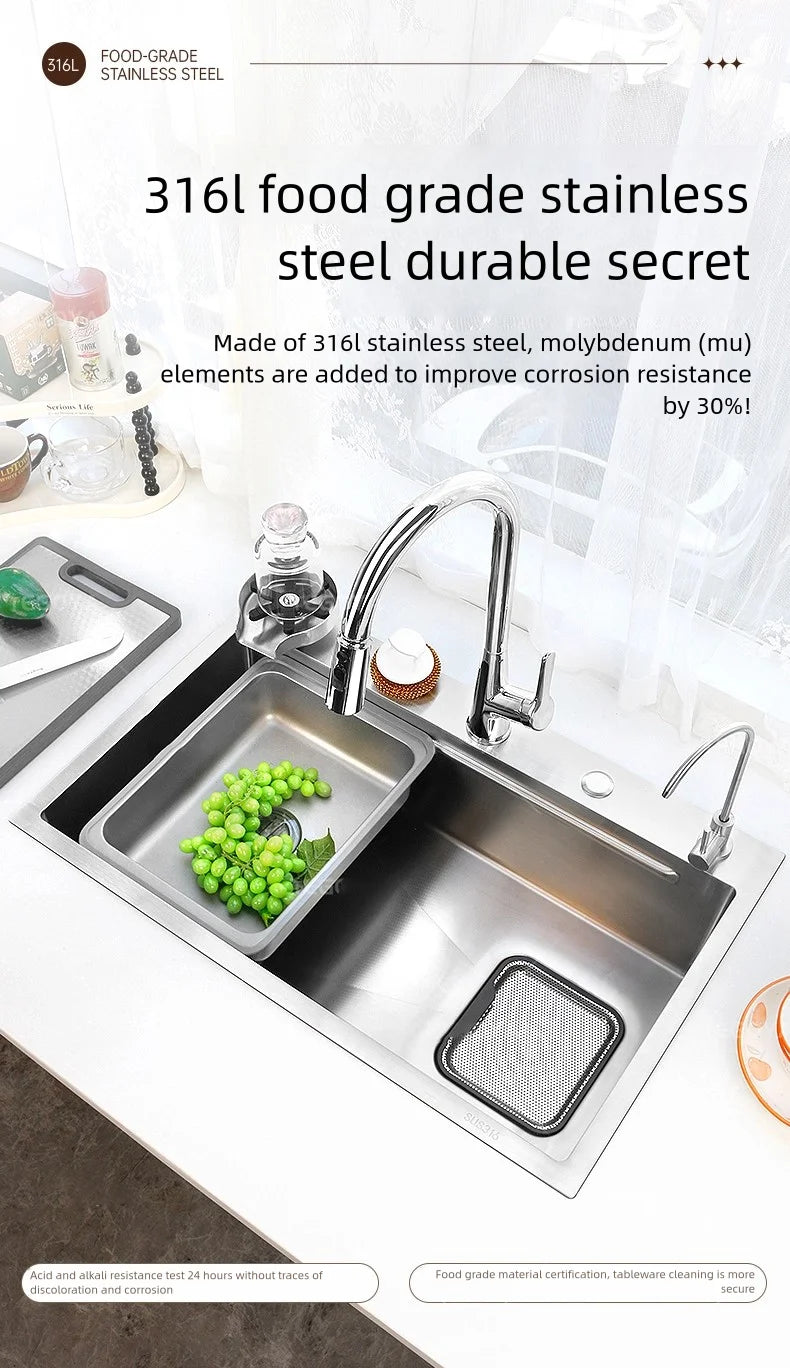 316L Stainless Steel Food Grade Large Single Slot Corrosion Resistant Household Kitchen Sink Wash Dish and Vegetable Basin