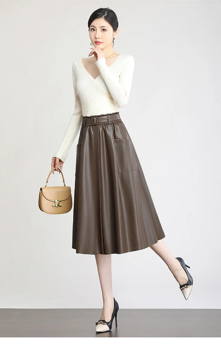 S-5XL New Women Plus Size Leather Skirt Spring Autumn Fashion Stretch Waist A-Line Loose Long Skirt Split Leather Sheepskin