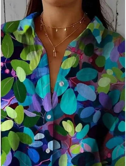 Women's Shirt Floral Casual Long Sleeve Shirt Collar Tops Work Daily Button Print Green Spring Summer.