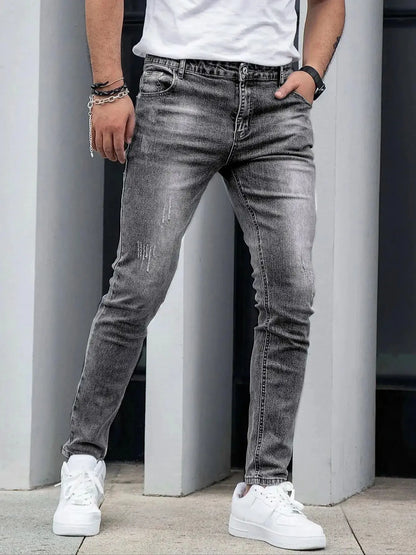 1 Piece of Men's Four-Season Snowflake Washed Fashion Jeans, Stretch Slim Fit Light Gray Dark Black Casual Denim Pants, Normcore and Fashionable, Suitable for Everyday Wear.