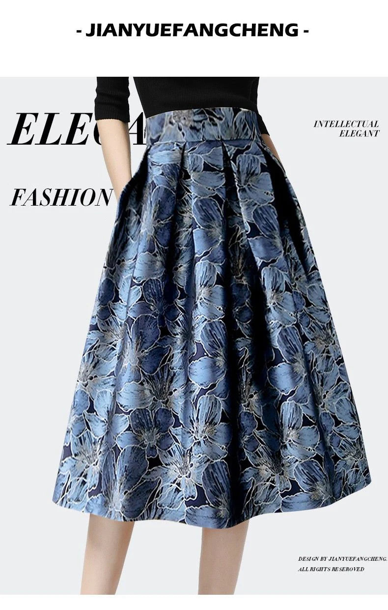 Blue Floral Print Vintage High Waist Ball Gown A-line Loose Women's Skirt Knee-Length Long Skirts For Women Clothing Fashion.